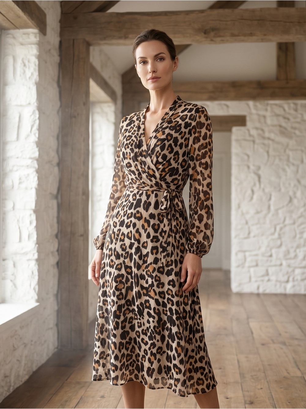 Donna Ricco Leopard-Print Wrap Dress  with Adjustable Tie Waist